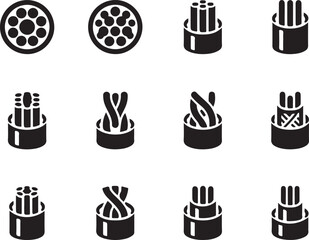 Collection of twelve different cable wire icons showing various cross sections and braiding