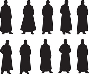 Silhouettes of men in long coats, diverse poses and angles, white background