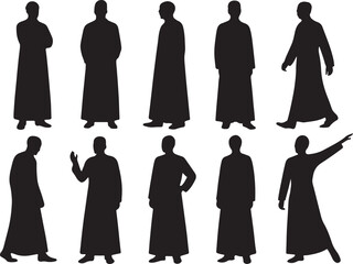 Ten diverse silhouette poses of a person in a long robe on white background