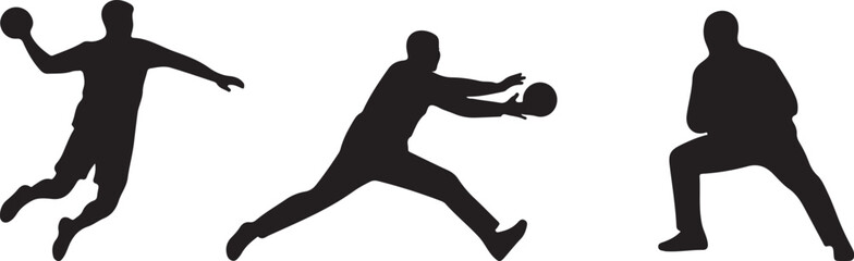 Handball player silhouette in action: throwing, catching, and defending poses