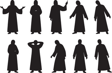 Silhouette figures in traditional robes showcase diverse poses and gestures