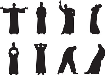 Silhouette figures in robes performing various actions, isolated on white background