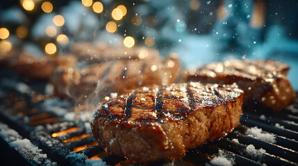 Grilled steaks on barbecue in winter garden with festive lights and snow-covered surroundings