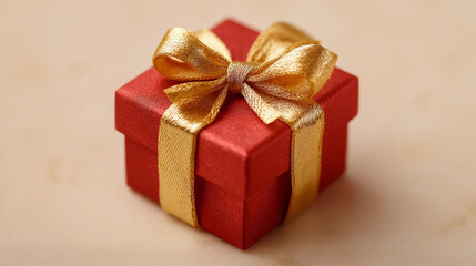Close up of red gift box with shiny golden ribbon on soft neutral background for celebration themes