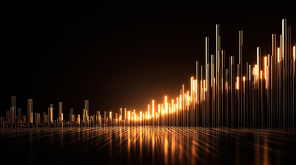 Abstract glowing data visualization with rising bars and golden light reflections in a dark futuristic scene