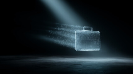 Futuristic glowing digital briefcase icon floating in spotlight representing business technology concept