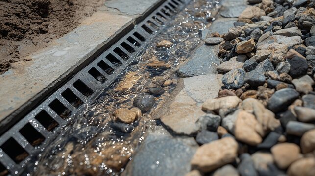 Concrete channel drain with grate and adjacent rock riprap for erosion control and surface water diversion.