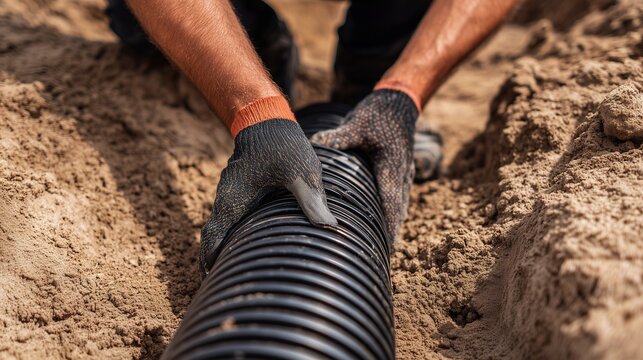 Close-up of worker installing a corrugated black pipe in soil, representing drainage solution and trench installation.