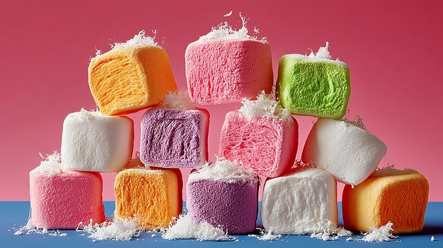 Pile of colorful marshmallows with a blue background. The marshmallows are in different colors and sizes, and they are piled on top of each other. Concept of fun and playfulness