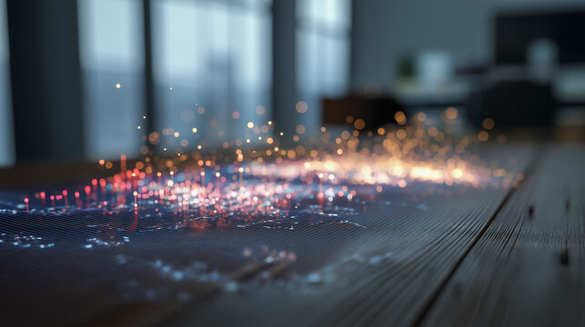 Holographic scatter plot with glowing particles rising above surface in modern analytical environment