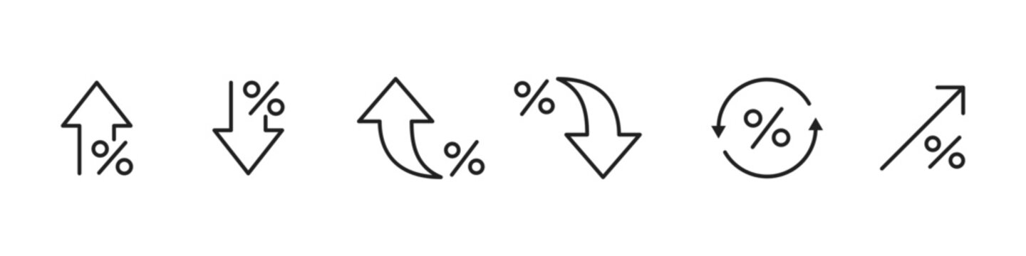 Arrow icon. Linear up, down and curved arrows with percent marks showing rate growth and decline vector illustration. Finance trend movement, market change analysis and economic data direction sign.