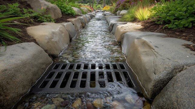 Stone-lined channel leading to a culvert conveying stormwater runoff, representing drainage solution for stormwater management.
