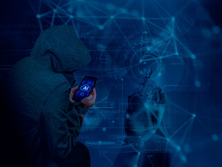 using AI smartphone app with robotic hand in futuristic cyber network