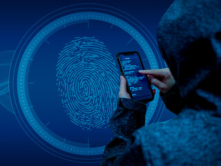 Cybercriminal hacking biometric fingerprint authentication on smartphone