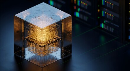 Illuminated Glass Cube Housing Intricate Glowing AI Processor Core, Surrounded by Server Racks and Digital Data Pathways, Advanced Technology Concept.