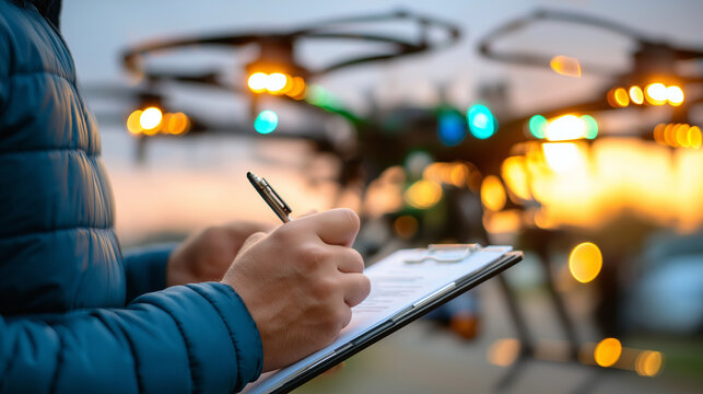 Drone pilot licensed, certificate in case, field preflight checklist, skybound career, with copy space
