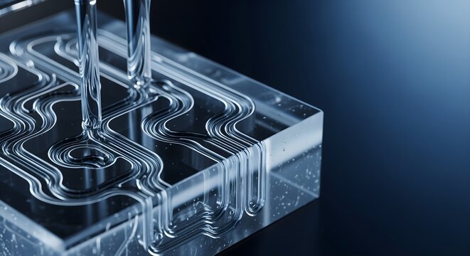 Transparent Microfluidic Chip Manipulating Liquid Samples for Biotechnology Research, Highlighting Modern Lab-on-a-Chip Technology.