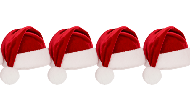 Festive Santa hats lined up ready for holiday cheer and seasonal fun