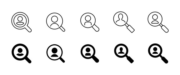Search profile icon. Magnifier with user avatar for identity look and candidate analysis vector illustration. Tool for hiring, personnel review and applicant discovery concept. HR and job concept.