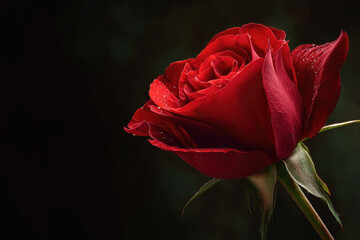 A close-up of a vibrant red rose with dew drops on its petals. The background is dark, enhancing the rose's rich color and delicate details.