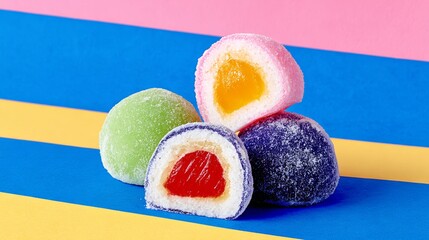 Stack of colorful jelly donuts with one of them cut in half. The donuts are arranged in a pyramid shape, with the top one being the smallest and the bottom one being the largest