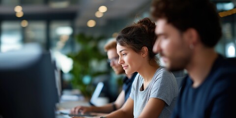 Young adults collaborating in modern office setting with technology