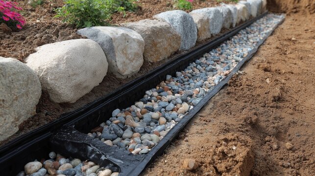Gravel-filled trench with perforated pipe and landscape fabric beside a rock border, illustrating french drain system for stormwater management efficiency.