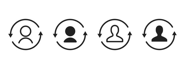 User update icon. Circular arrows show profile refresh process vector. Person sync cycle for account renewal, identity change and workflow repeat concept symbol.