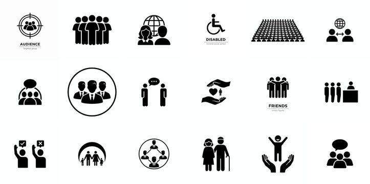 People icon set. Containing group, family, human, team, community, friends, population and senior icons. Solid icon collection.
