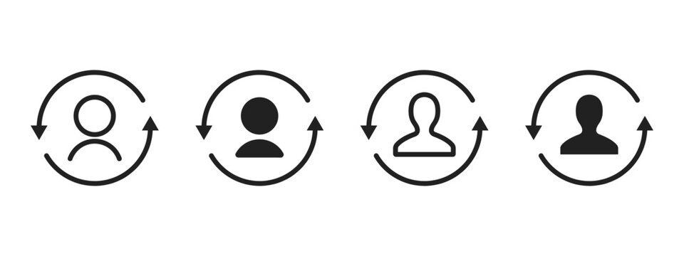 User update icon. Circular arrows show profile refresh process vector. Person sync cycle for account renewal, identity change and workflow repeat concept symbol.