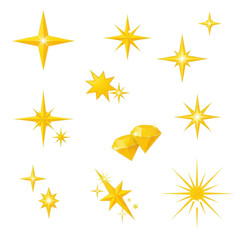 A diverse collection of bright yellow graphic icons including four-pointed stars, eight-pointed stars, diamonds, and starbursts, with prominent sparkle and twinkle effects, against a pure transparent