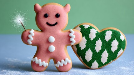 Gingerbread man with a sparkler in his hand is standing next to a heart-shaped cookie. Concept of joy and celebration, as the gingerbread man and cookie are often associated with Christmas