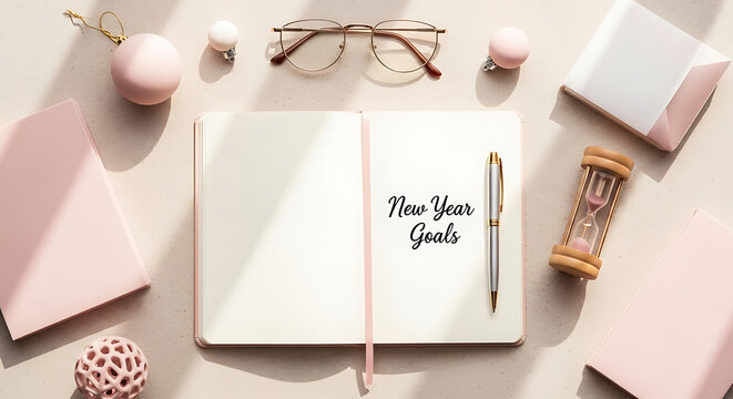 Set new year goals with pastel accessories in cozy workspace