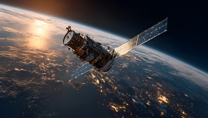 A satellite orbits the Earth, connecting the world with its technology. The image shows the curvature of the planet with a golden glow