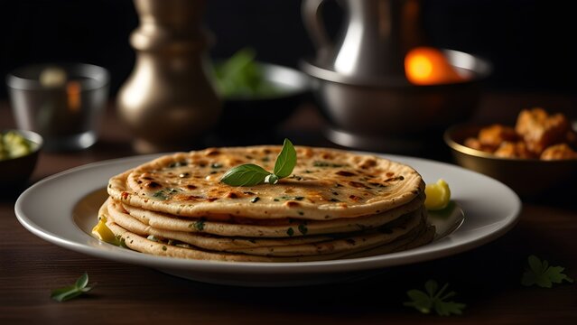 A stack of golden, soft Indian parathas served on a white plate, garnished with fresh herbs. Warm lighting and a rustic background create a homely, inviting dining atmosphere.
