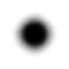 A central, abstract, circular halftone pattern with black dots varying in size, denser at the center and decreasing outwards, creating a smooth radial gradient on a transparent background,
