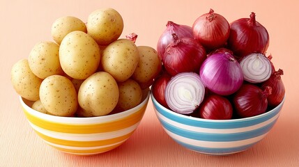 Two bowls of vegetables, one with potatoes and onions and the other with onions and potatoes. The bowls are placed on a table
