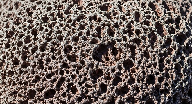 Detailed macro shot of a dark brown porous scoria stone, showcasing the vesicular texture of solidified volcanic lava rock