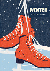 Illustration with a pair of bright red skates on the ice, and a snowy night sky visible in the background. Winter sports. Seasonal, holiday designs. Flat vector card, grain texture, vertical format