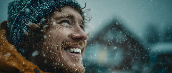 Joyful man laughing while enjoying snowfall in winter landscape, with snowflakes falling around him in a serene outdoor setting