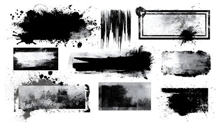 Black paint brush stamps. Vector grunge effect text boxes. Rough, stroke spray ink rectangles on paper. Distressed scratch background. Ink splatter frames on white. Paintbrush element banner bg Stock