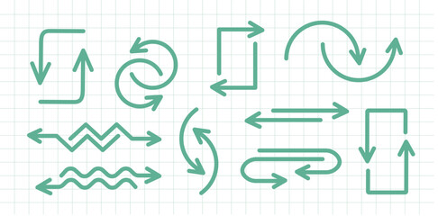 Green Line Art Arrows - Directional Icons on Graph Paper Background