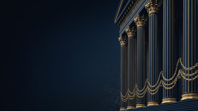 Elegant golden courthouse columns and ornate justice symbols on deep navy background