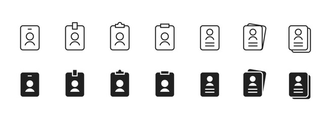 ID badge icon. Simple identification card with user avatar and document outline. Clean minimal badge design for profiles and access control symbol, sign, pictogram, concept.