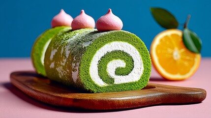 Green and white cake with pink frosting and three pink frosting dots on top. A slice of orange is on a wooden cutting board next to the cake