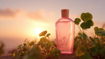 A bottle of pink lotion sits on a patch of green grass. The bottle is open and the lotion is visible inside. The scene is set against a backdrop of a beautiful sunset, creating a serene