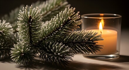 A warm glow from a lit candle illuminates a frosted pine branch, creating a cozy and festive atmosphere perfect for winter holidays and celebrations