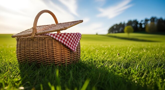 A classic picnic basket with a red and white checkered cloth rests on vibrant green grass under a bright, sunny sky, ideal for an outdoor summer meal