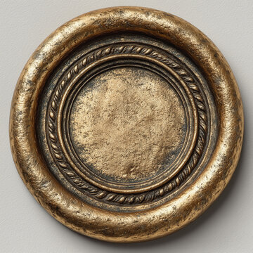 Antique gold medallion with textured circular detailing on neutral decorative surface