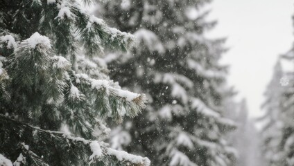 Close-up of snow-covered evergreen branches during a gentle snowfall